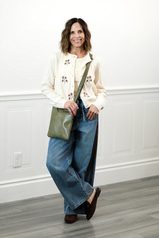 Floral Embroidered Cable Knit Cardigan - Navy