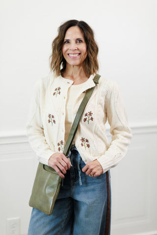Floral Embroidered Cable Knit Cardigan - Navy