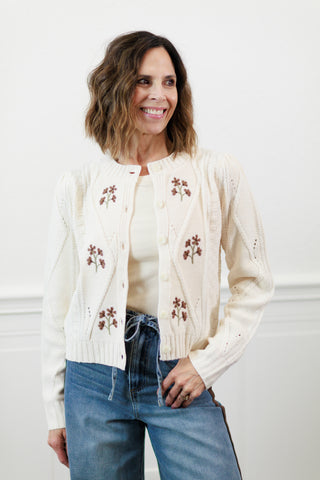Floral Embroidered Cable Knit Cardigan - Navy
