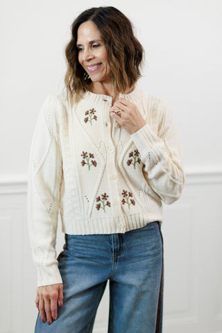 Floral Embroidered Cable Knit Cardigan - Navy