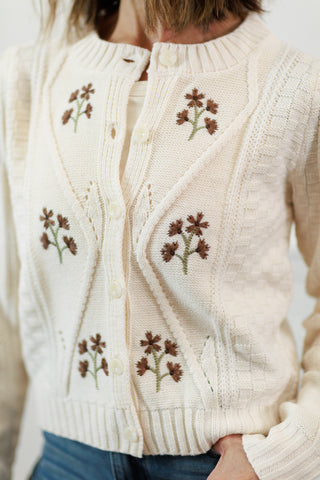 Floral Embroidered Cable Knit Cardigan - Navy