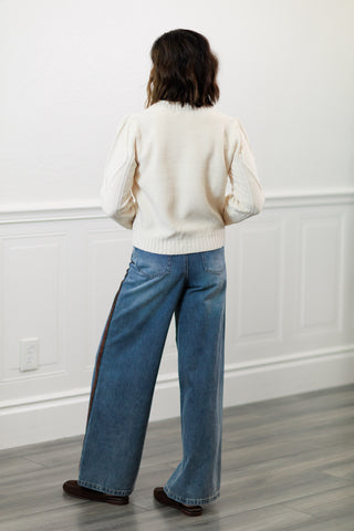 Floral Embroidered Cable Knit Cardigan - Navy
