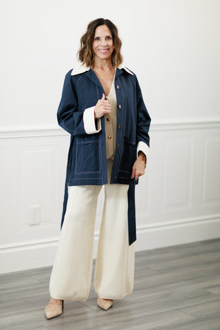 Navy Belted Jacket with Contrast Collar