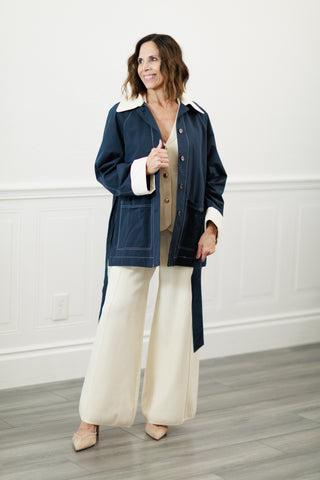 Navy Belted Jacket with Contrast Collar