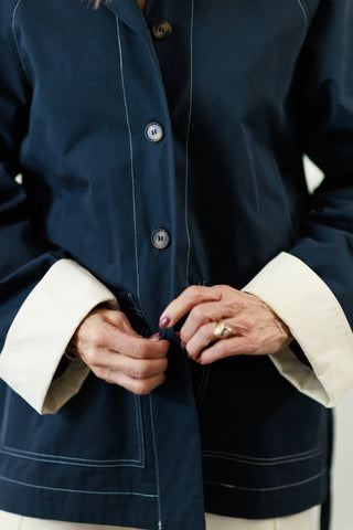 Navy Belted Jacket with Contrast Collar