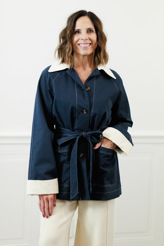 Navy Belted Jacket with Contrast Collar
