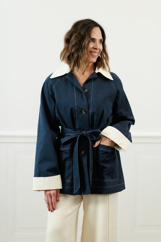 Navy Belted Jacket with Contrast Collar