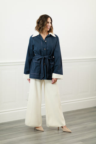 Navy Belted Jacket with Contrast Collar