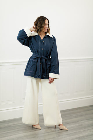 Navy Belted Jacket with Contrast Collar