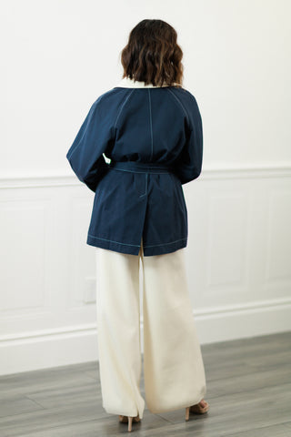 Navy Belted Jacket with Contrast Collar