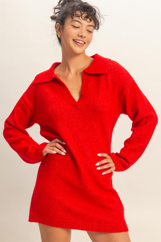 Polo Long Sleeve Sweater Dress in Red