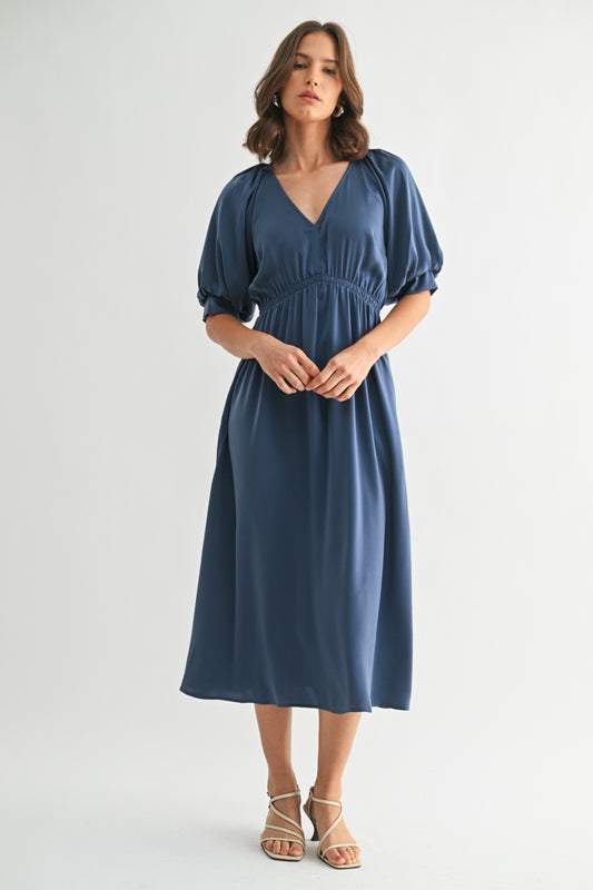 Satin Balloon Dress in Dusty Blue