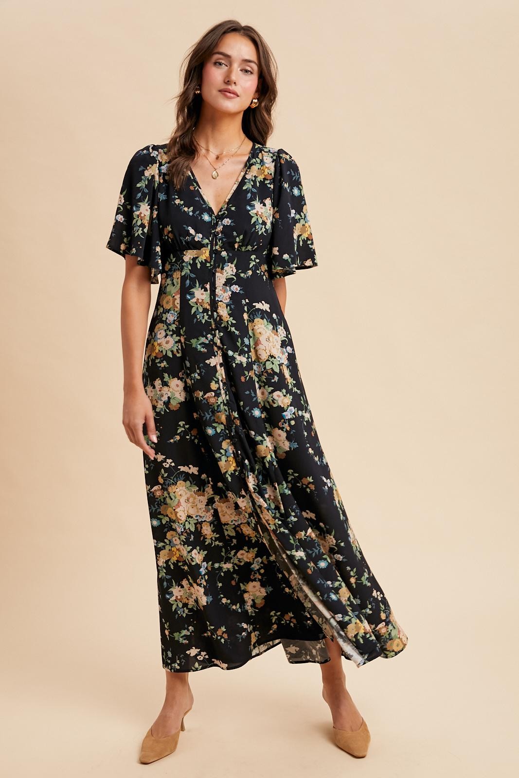 Floral Flutter Sleeve Maxi Dress