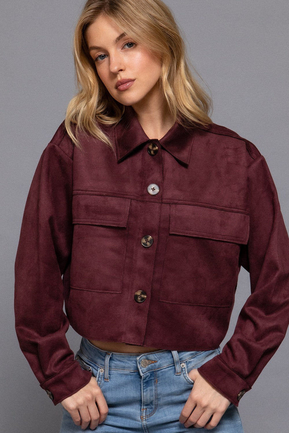 Faux Suede Cropped Jacket in Cherry Coke