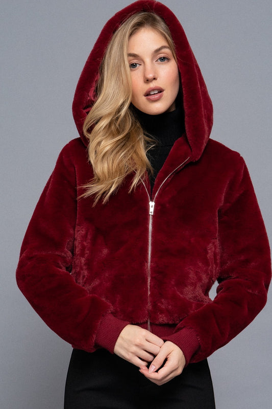 Faux Fur Hoodie Jacket in Burgundy