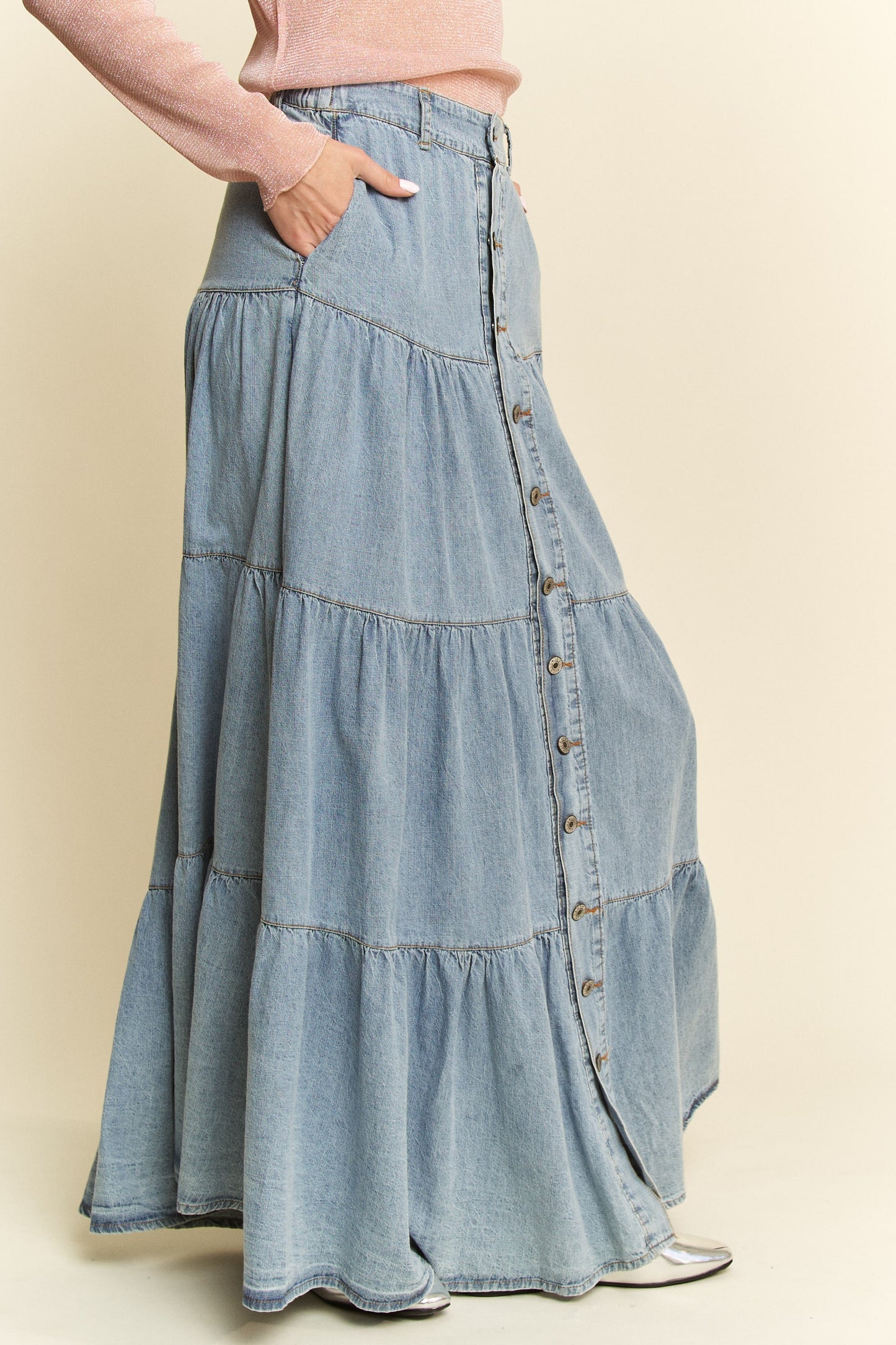 Tiered Denim Maxi Skirt