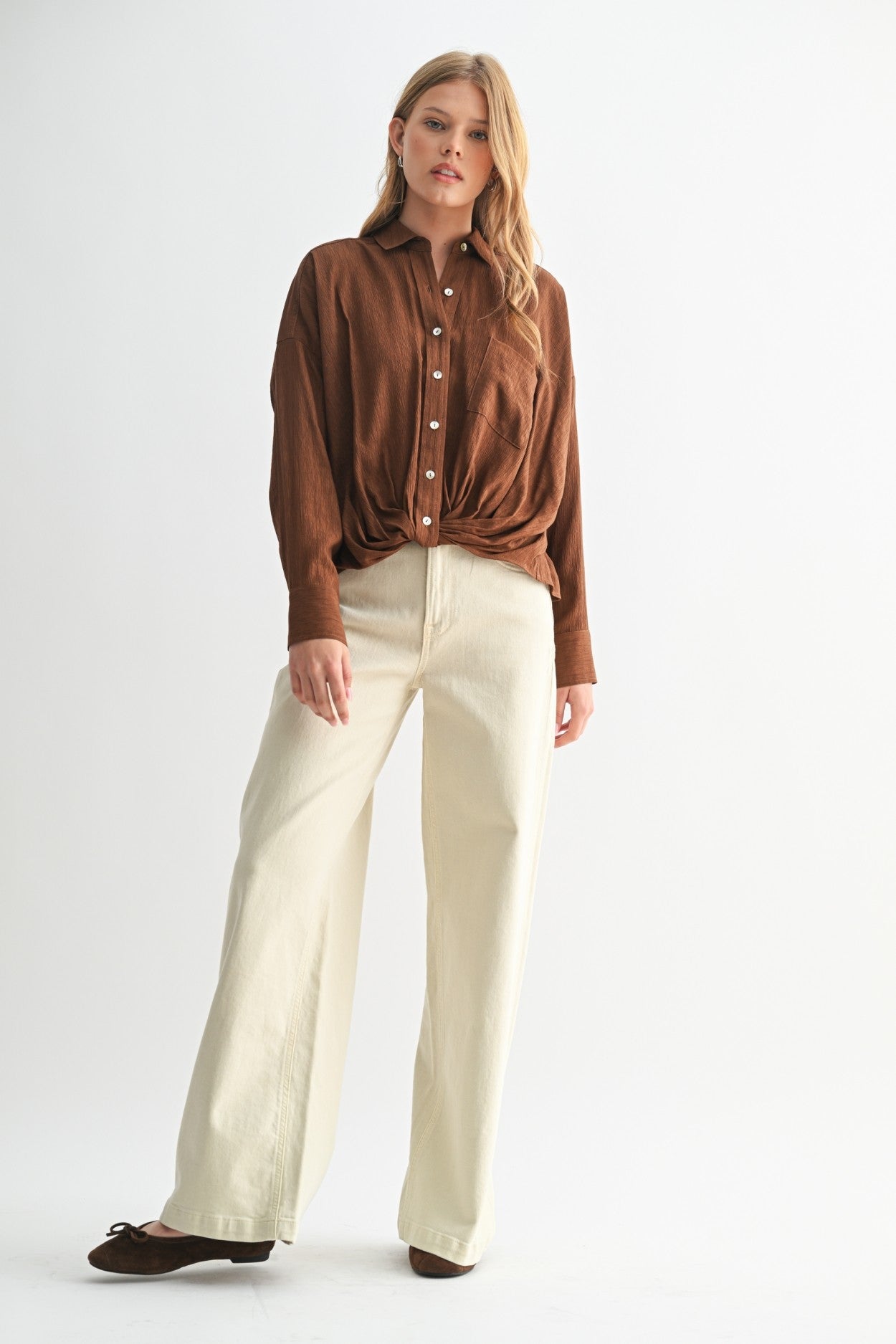 Texture Woven Twist Hem Button Down Shirt