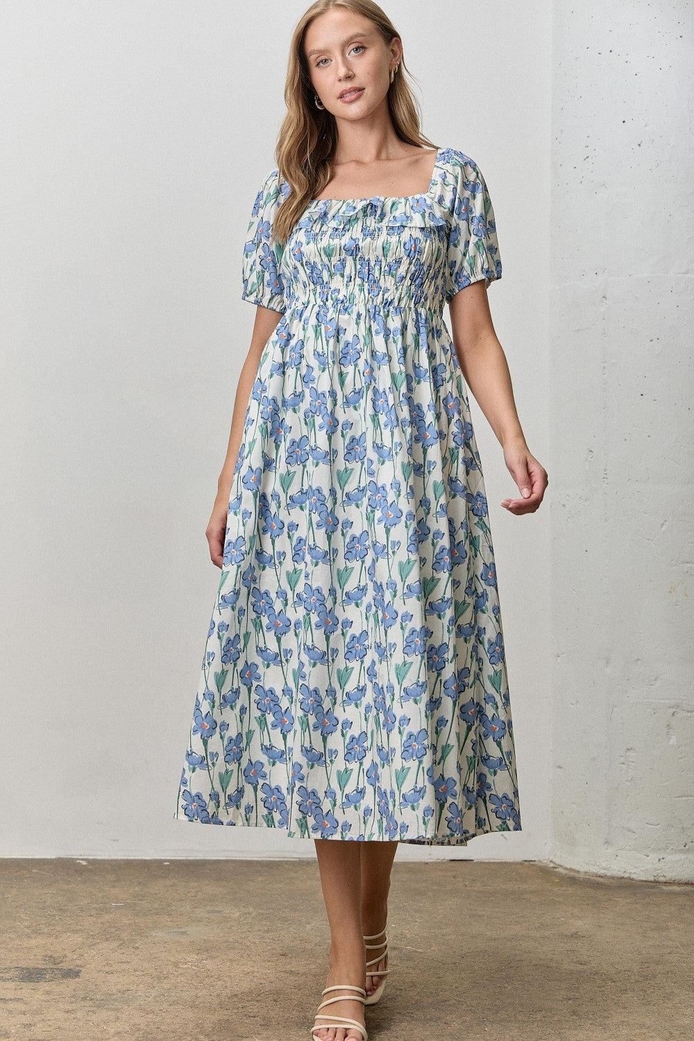 Floral Print Midi Dress in Blue