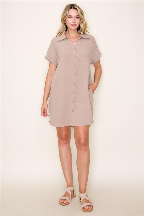 Collared Button Down Shirt Dress in Taupe