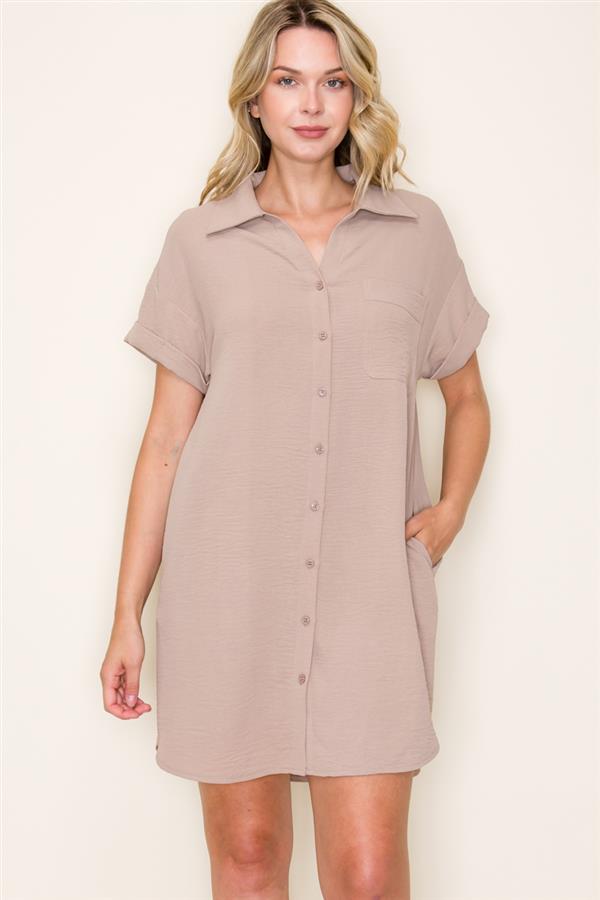 Collared Button Down Shirt Dress in Taupe