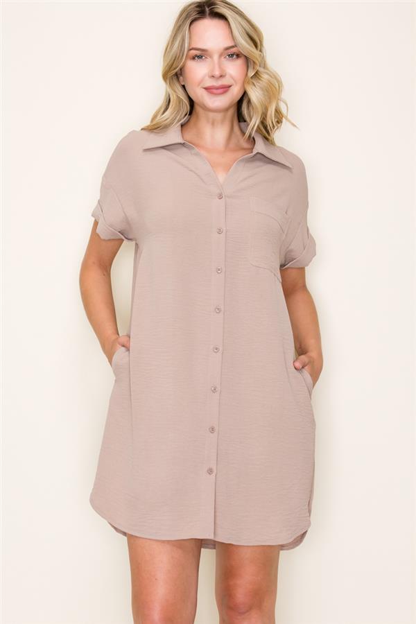 Collared Button Down Shirt Dress in Taupe