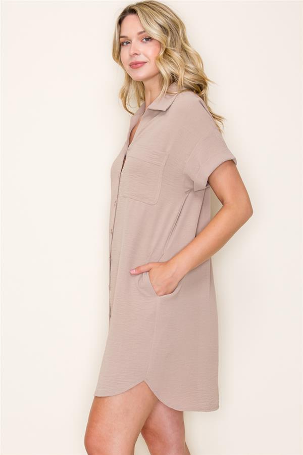 Collared Button Down Shirt Dress in Taupe