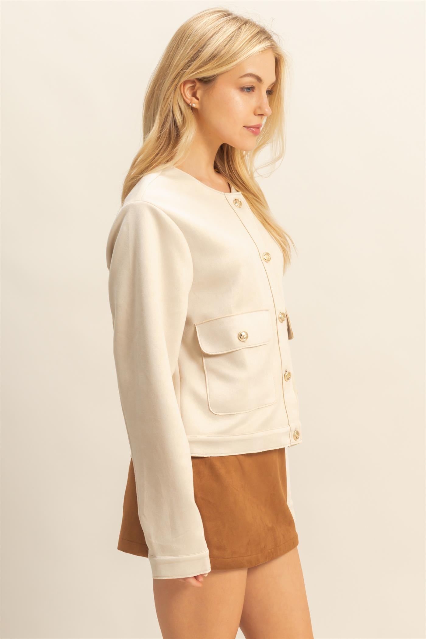 Suede Jacket with Gold Buttons in Cream