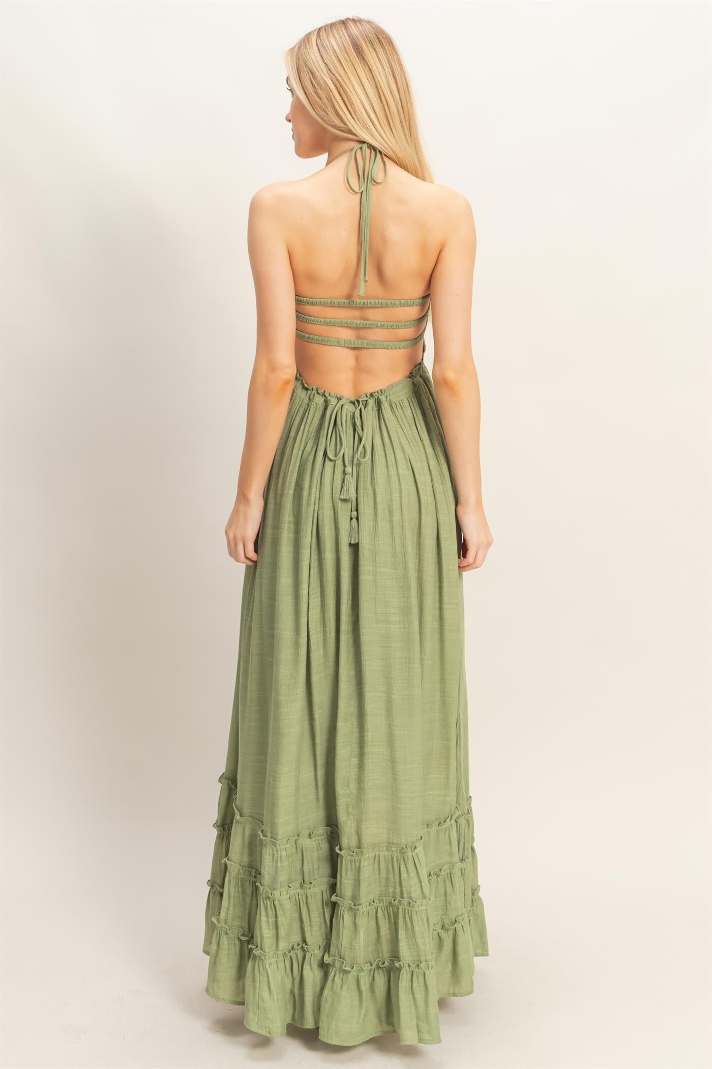 Smocked Halter Maxi Dress in Light Olive