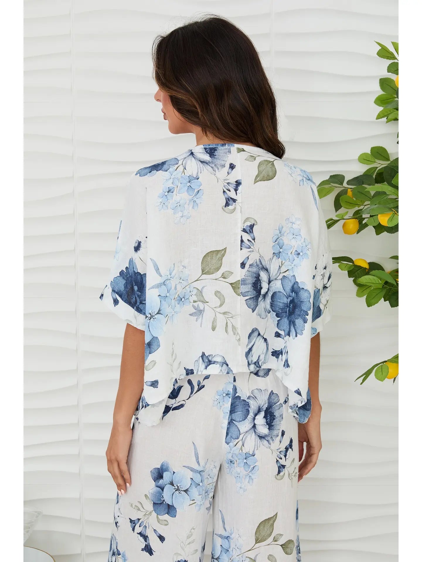 Gardenia Print Linen Dolman Sleeve Top