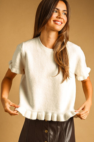Ruffle Hem Short Sleeve Sweater Top in Cream