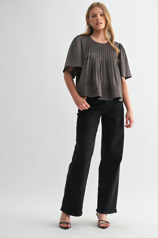 Texture Satin Pin Tuck Detail Blouse in Brown