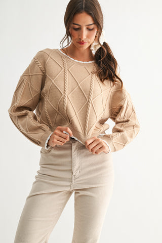 Diamond Cable Knit Scallop Trim Cropped Sweater