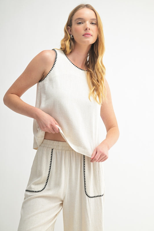 Embroidered Detail Tank Top in Oatmeal