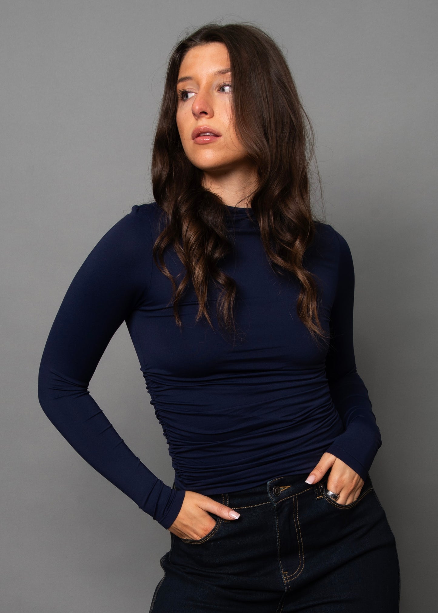 Second Skin Funnel Neck Ruched Top