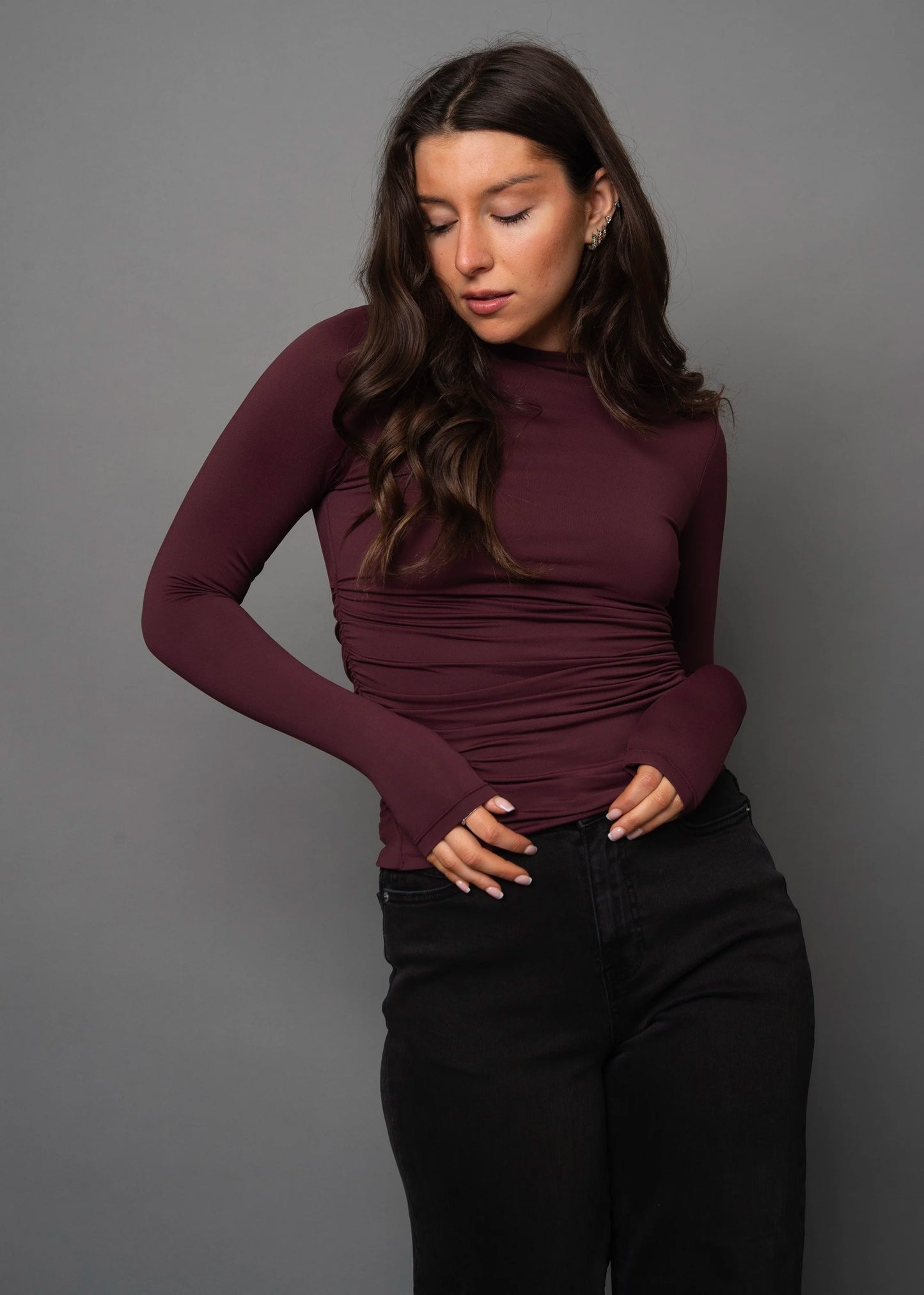 Second Skin Funnel Neck Ruched Top