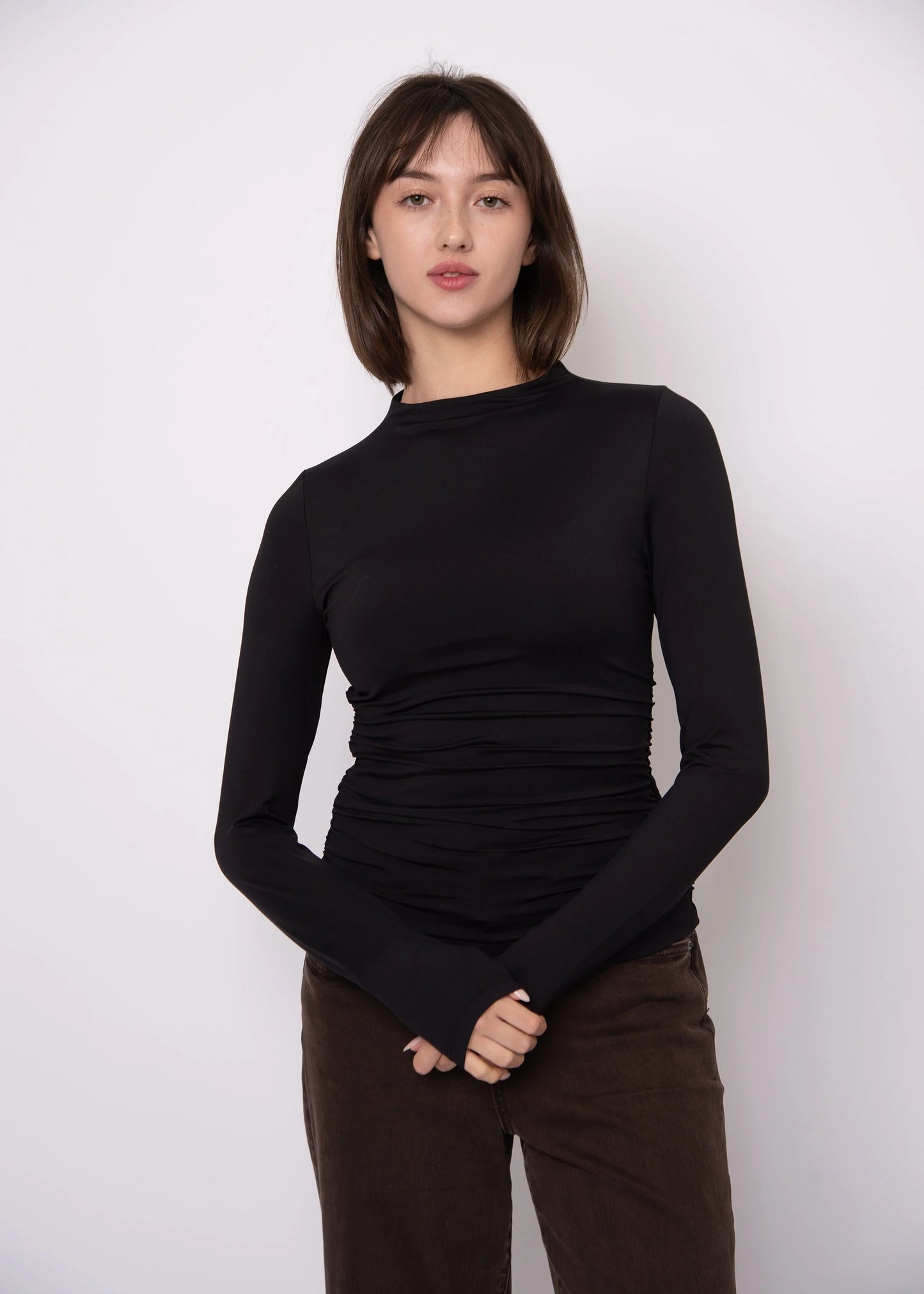 Second Skin Funnel Neck Ruched Top