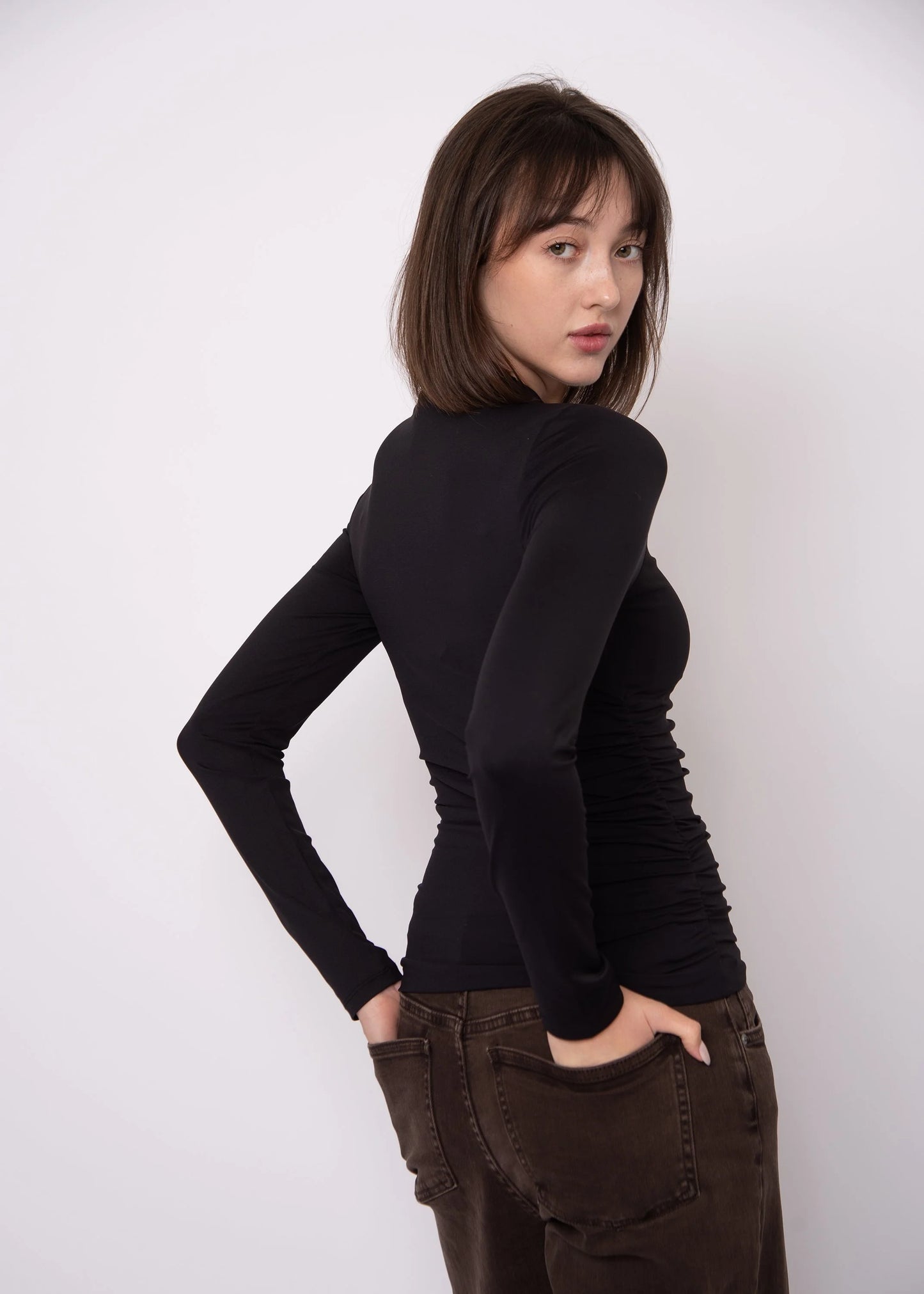 Second Skin Funnel Neck Ruched Top