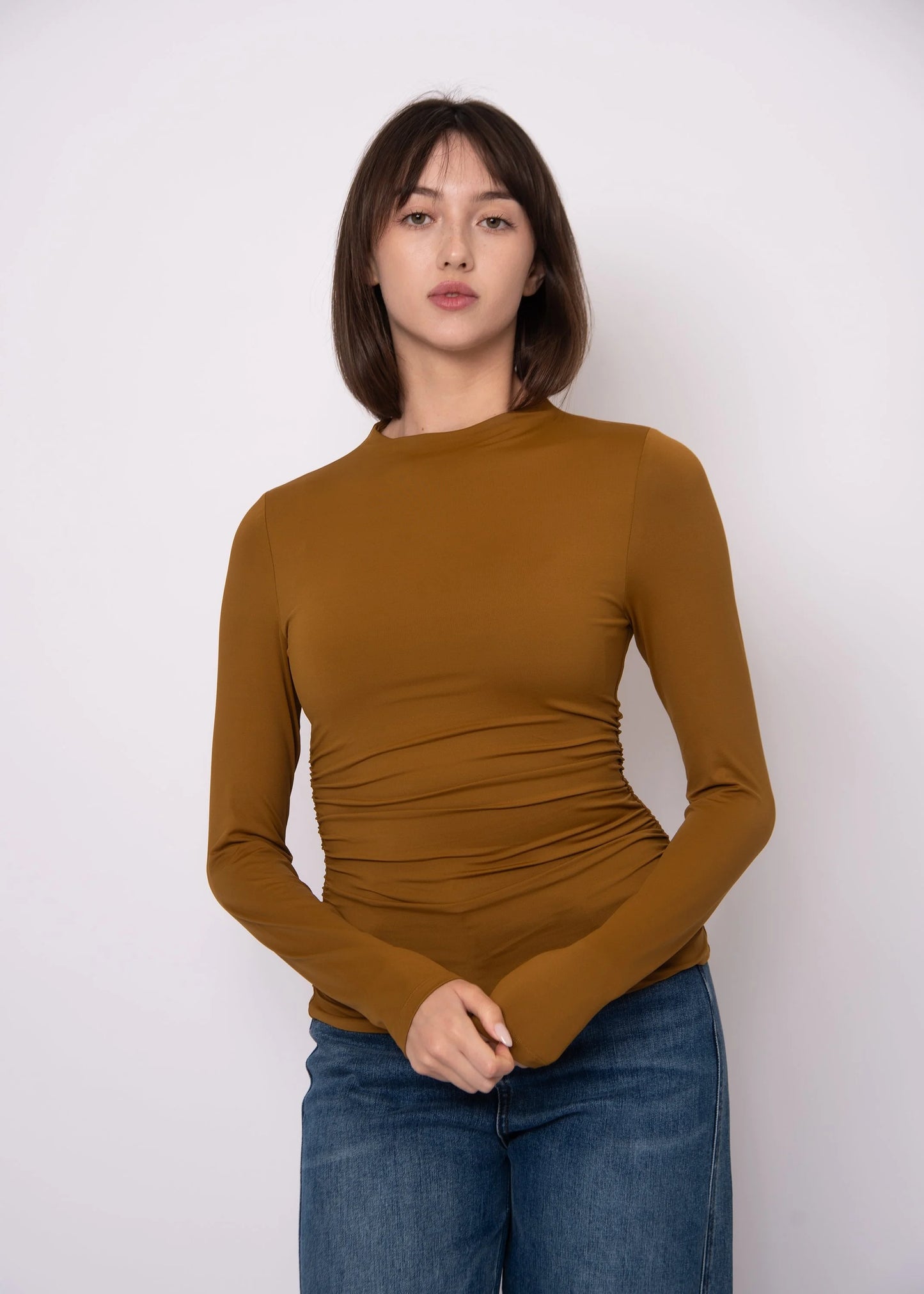 Second Skin Funnel Neck Ruched Top