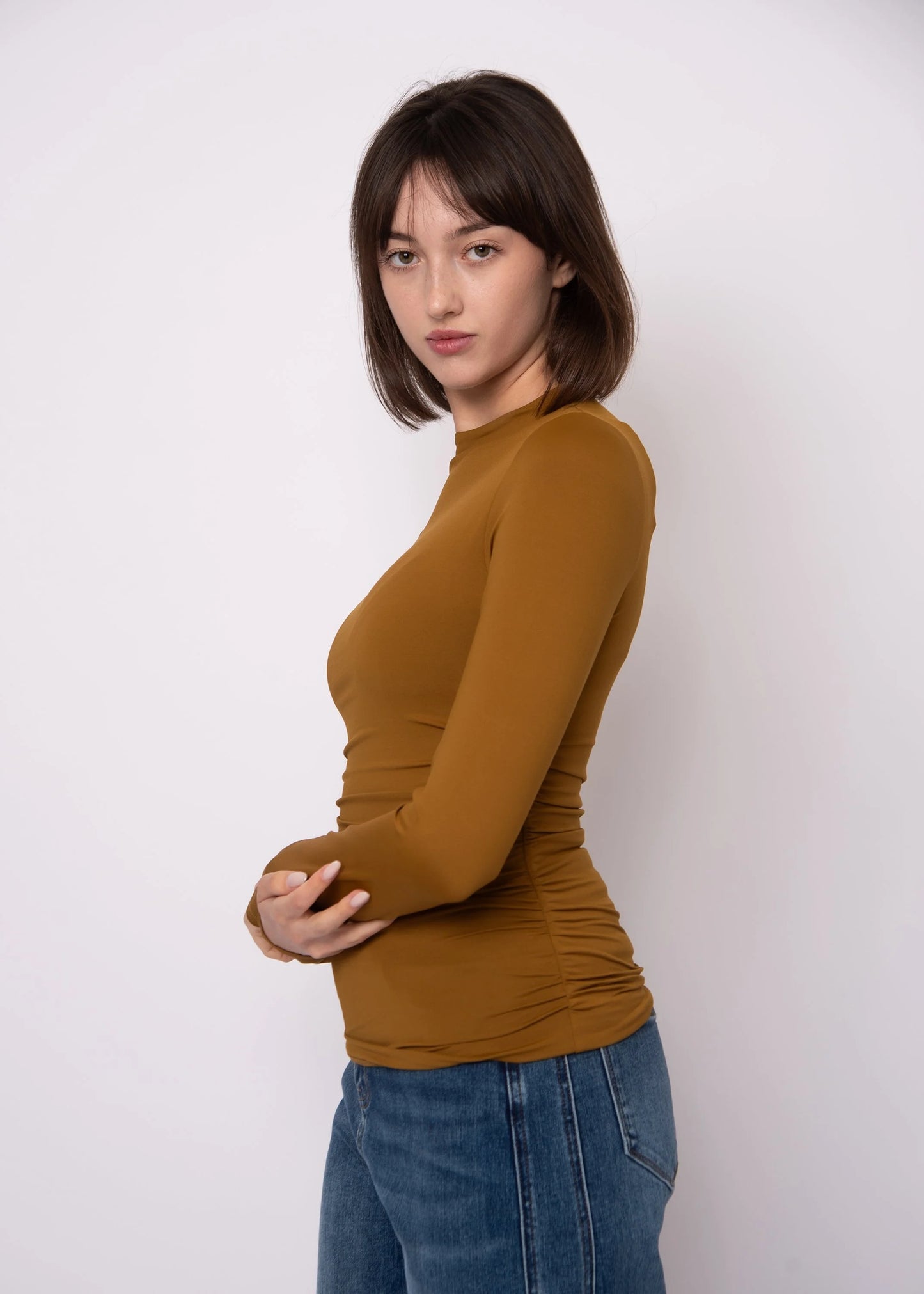 Second Skin Funnel Neck Ruched Top