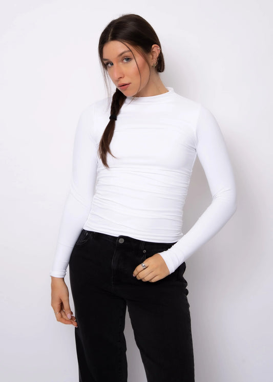 Second Skin Funnel Neck Ruched Top in White