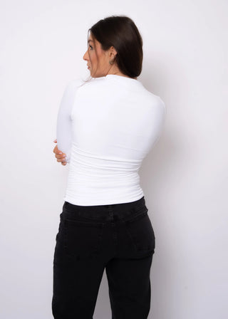 Second Skin Funnel Neck Ruched Top in White