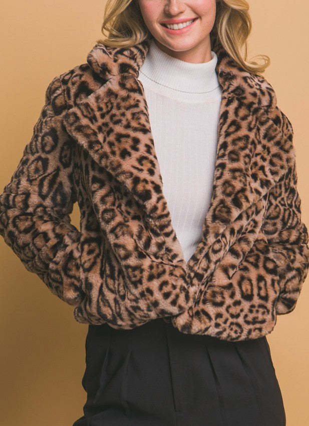 Leopard Faux Fur Cropped Jacket in Camel