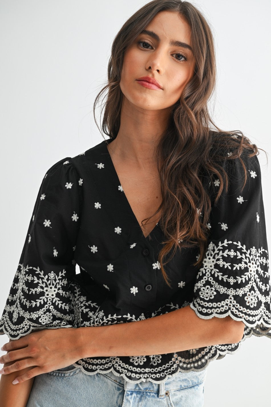 Embroidered Scallop Top
