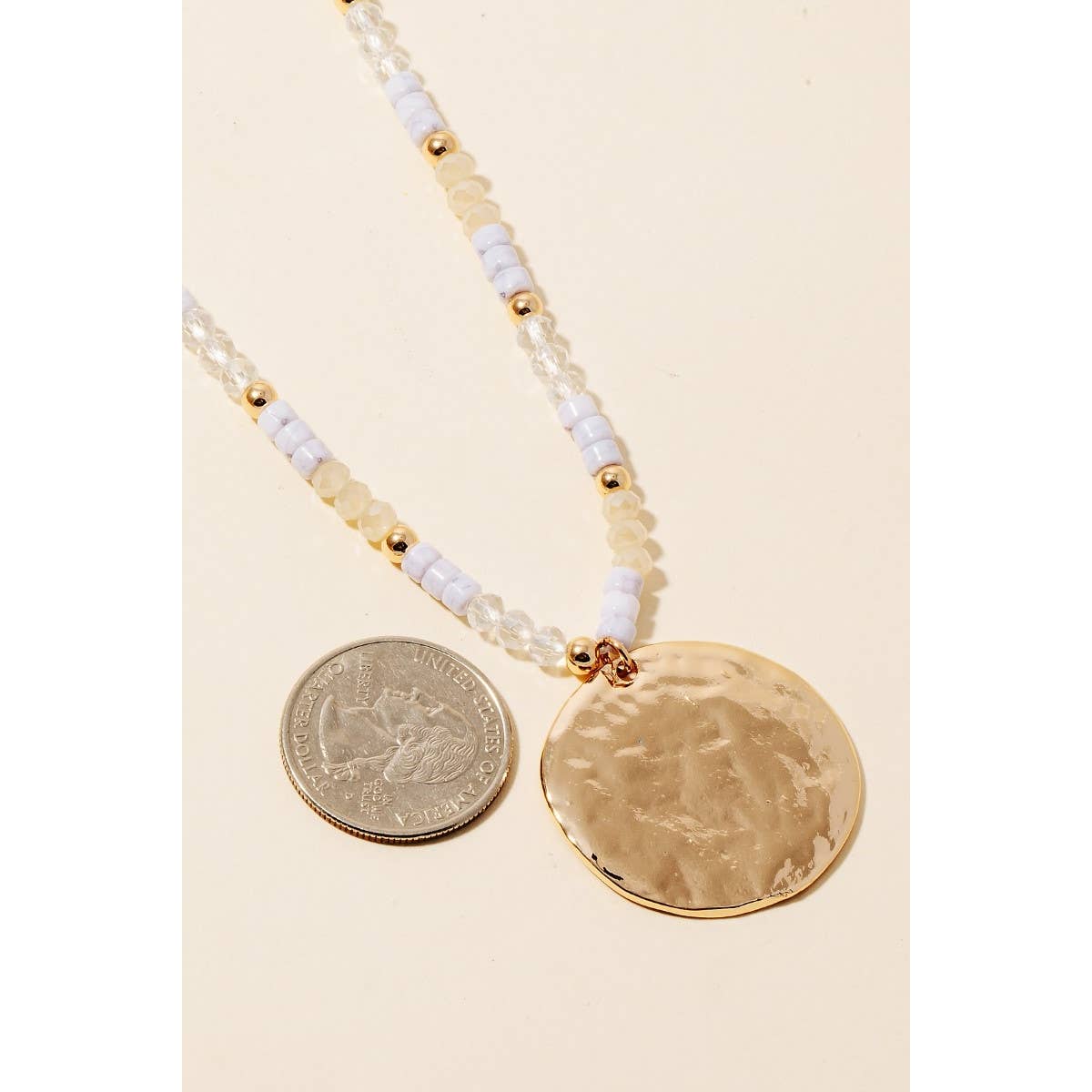 Hammered Disc Pendant Beaded Long Chain Necklace