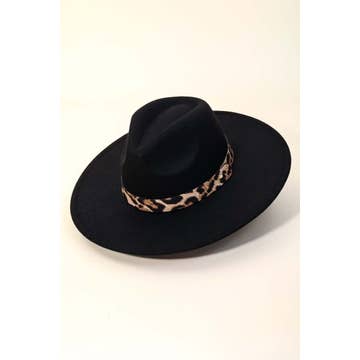 Leopard Strap Flat Brim Fedora Hat