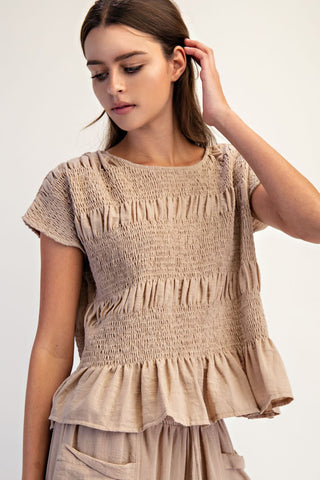 Ruched Crew Neck Top in Taupe
