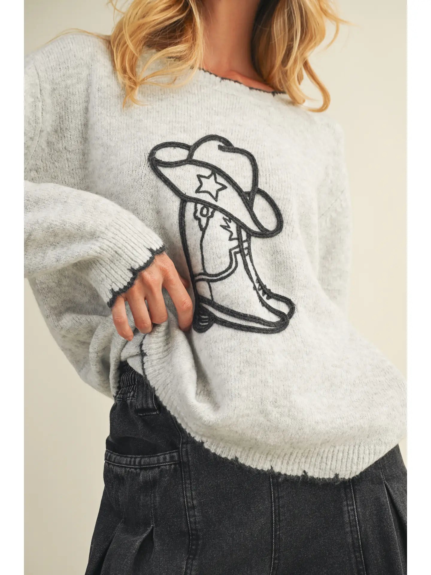 Chain Stitch Edge Sweater in Grey