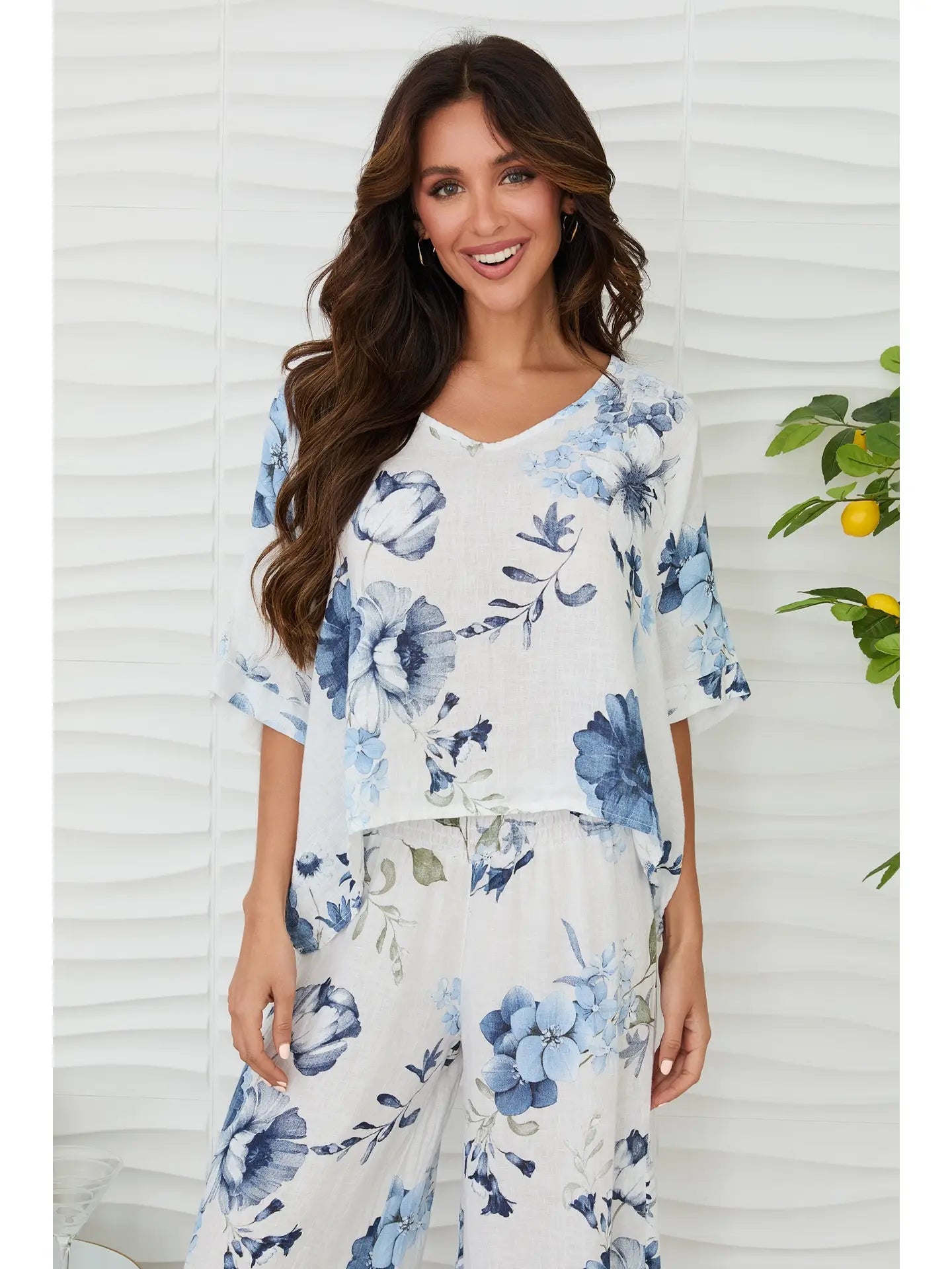 Gardenia Print Linen Dolman Sleeve Top