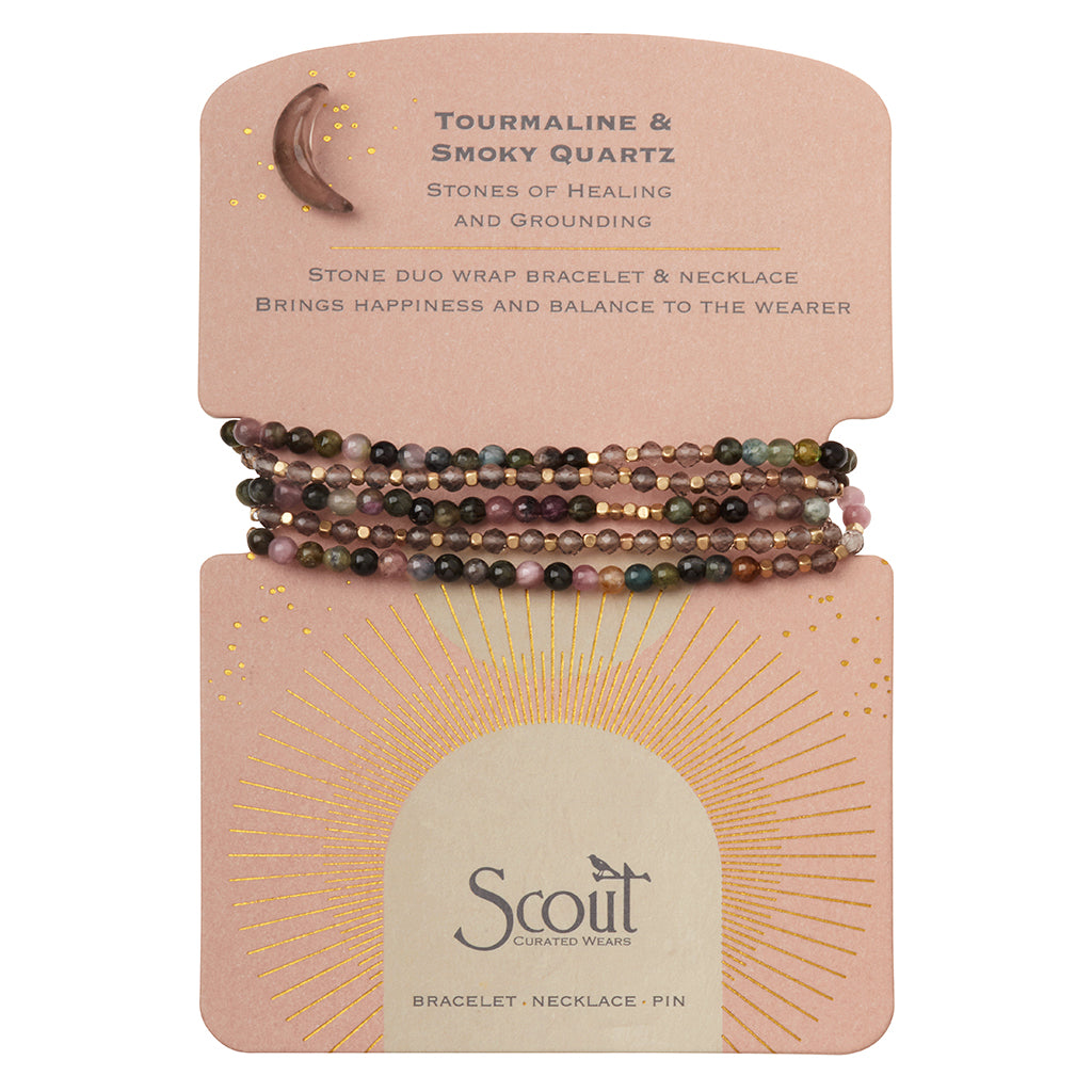 Stone Duo Wrap Bracelet/Necklace/Pin -Tourmaline & Smoky Quartz