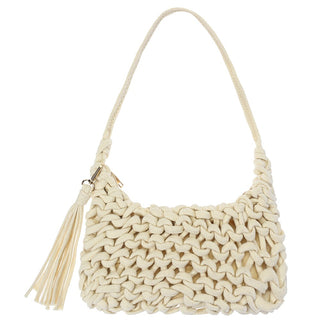 Knotted Woven Tassel Shoulder Bag in Beige